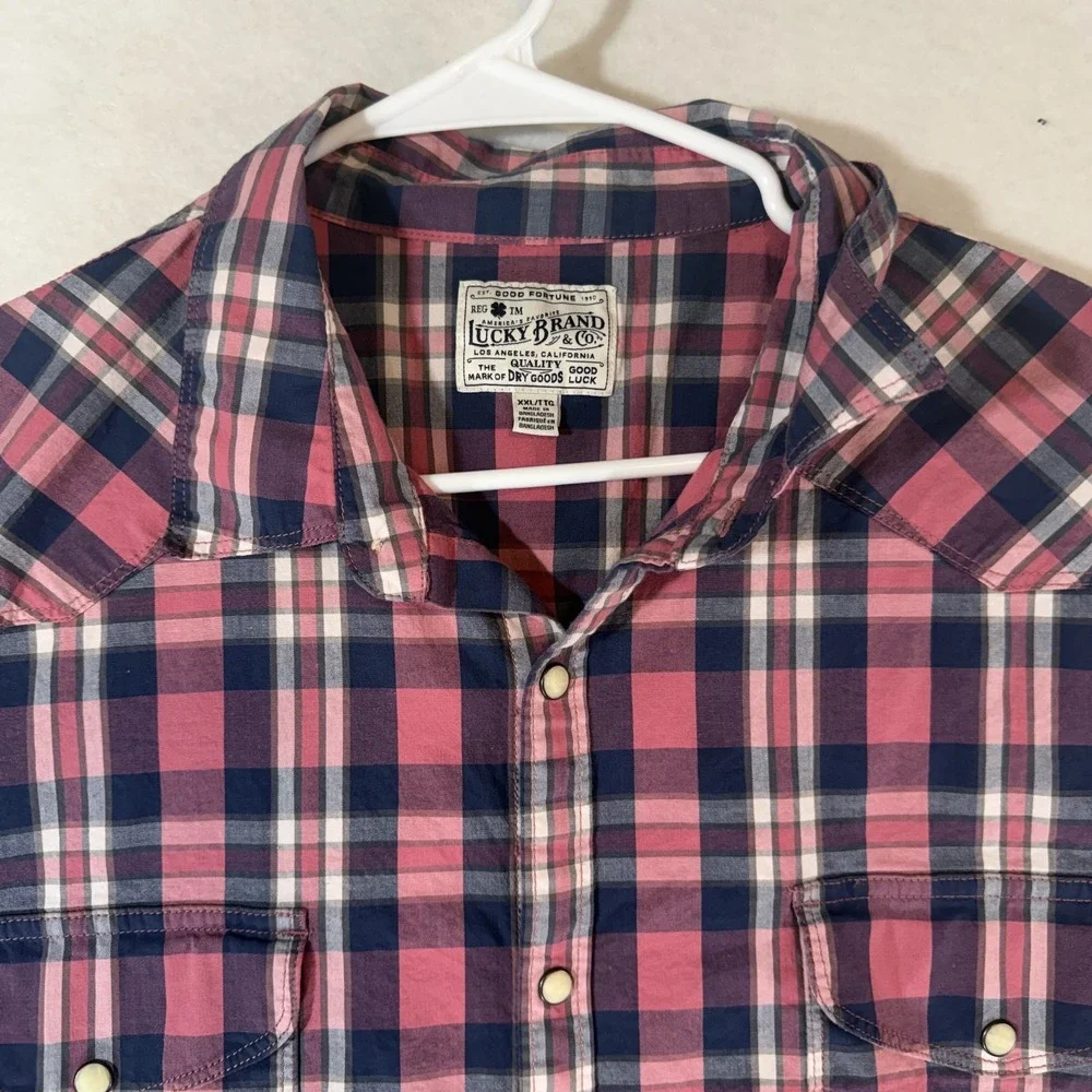 Lucky Brand Mens XXL Pink Navy Plaid Short Sleeve Pearl Snap‎ Western Shirt Y2K